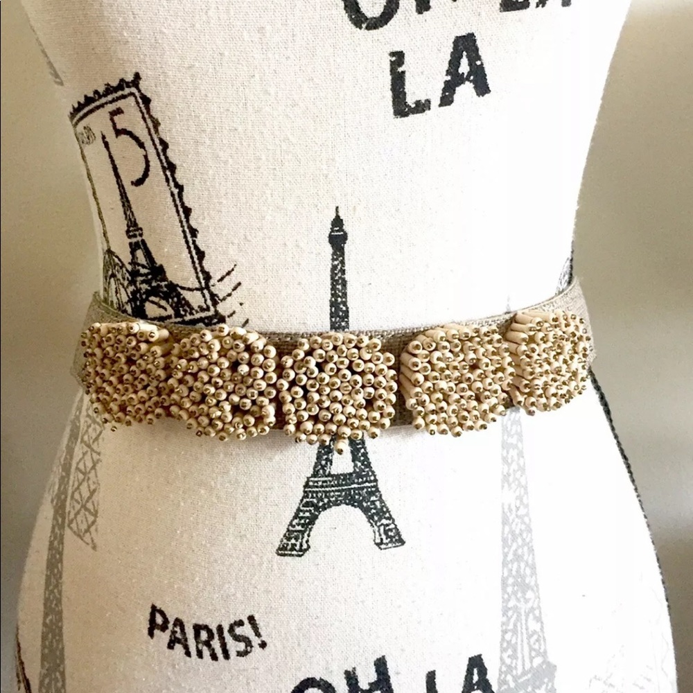2/$20 Women Wood Beaded Elastic Waist Belt Natural Beige Medium